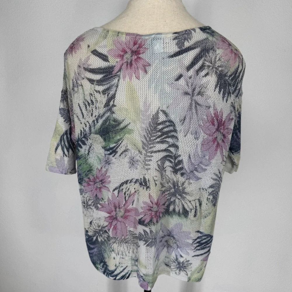 J Jill Linen Blend Boho Floral Open Knit Top Womens Medium Cottagecore Oversized